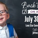 Just Between Friends Smiling young boy with glasses and a blue backpack giving a thumbs up in front of a chalkboard, promoting a back-to-school event.